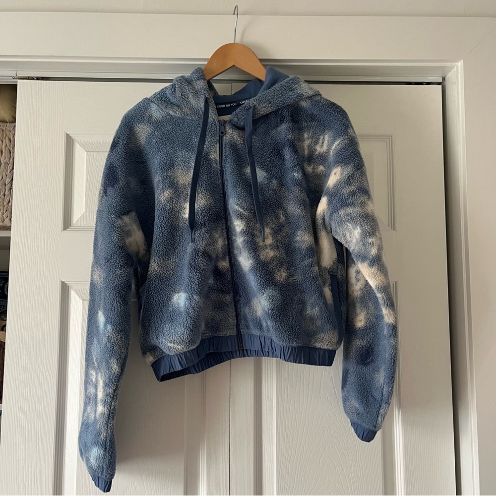 Sold - x-list Aerie Offline Blue and White Fleece Jacket Hooded Zip-Up Medium - Picture 1 of 4